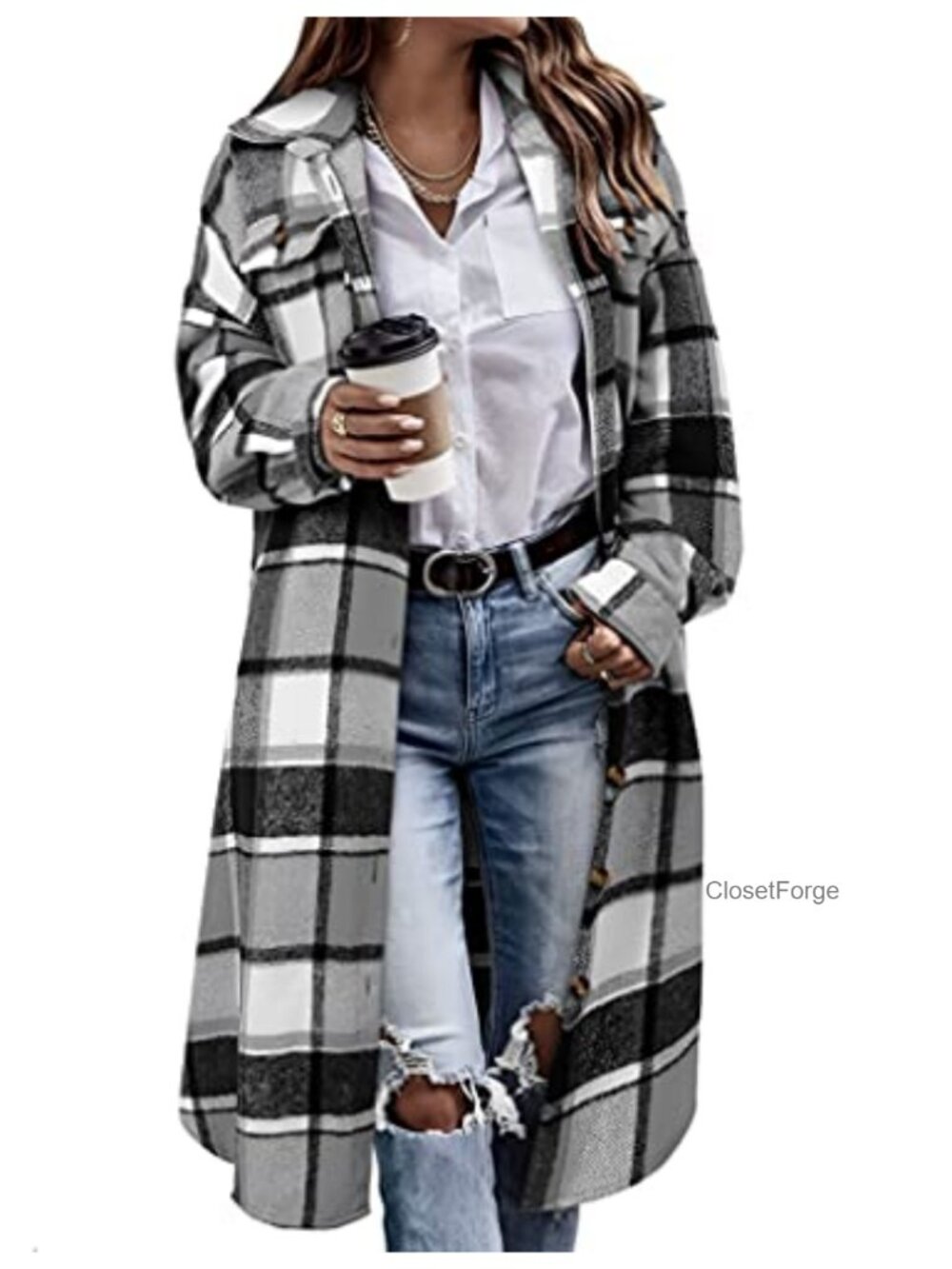 Plaid Lapel Wool Blend Button Up Long Shacket Coat Pocketed